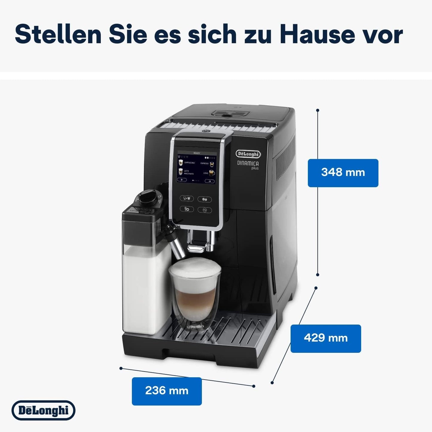 De'Longhi Dinamica Plus ECAM 370.70.B helautomatisk espressomaskin med LatteCrema mjölk, cappuccino och espressosystem, 3,5 tums TFT färgpekskärm och appkontroll, kaffefunktion, svart