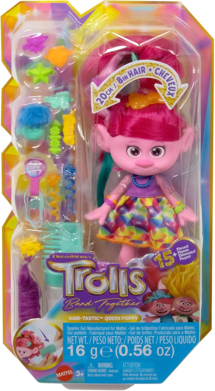 Mattel DREAMWORKS TROLS Together Strong - Hårsmakande Queen Poppy Fashion Doll - 15+ tillbehör, Glitter Kam, Tvättbar Glitter Gel, För Ålder 3+, HNF25 Naty Shop Dolls