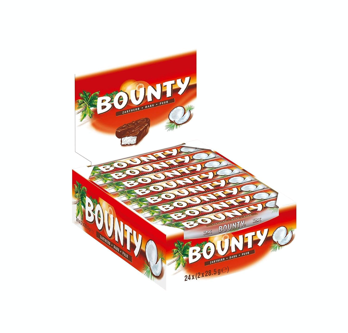 Bounty Chokladkakor Kokoschokladsmak 24 barer i en förpackning (24 x 57 g)