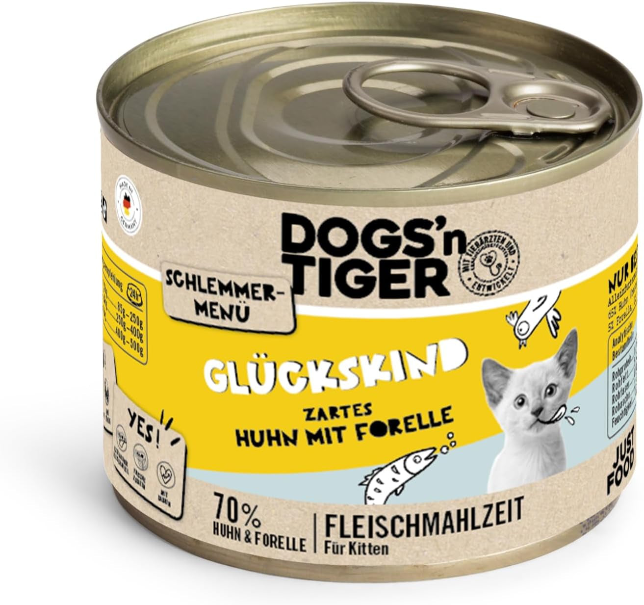 Dogs'n Tiger Schlemmermenü Glückskind, Nassfutter für Kätzchen, saftiges Hun und Forelle - ohne Getreide, Zuckerzusatz, künstliche Konservierungsstoffe, optimal Verträglichkeit, 12x 200g
