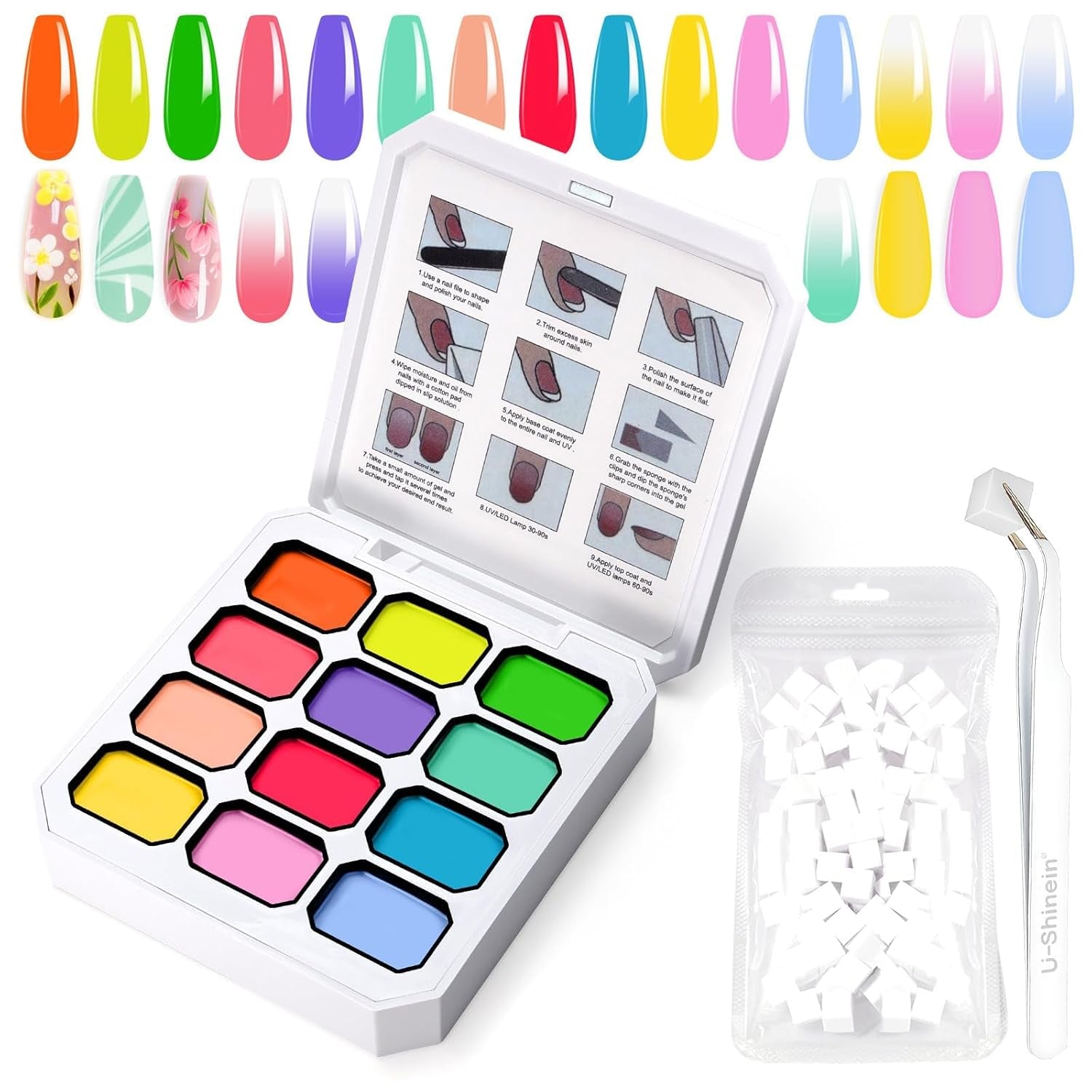 Gradient Painting Gel, 12 färger Ombre Gel Nagellack med 100st Nagelsvampar & 4 Klor Metal Grabber för fransk manikyr DIY Nail Art, Set I