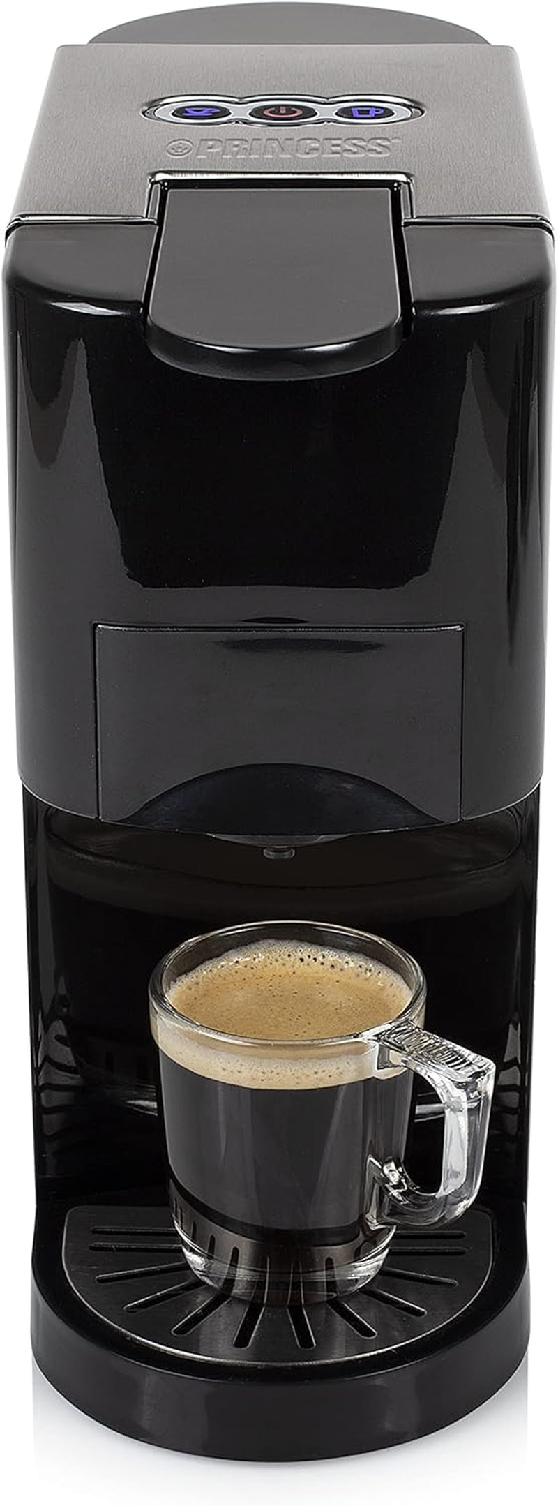 Princess 5 i 1 multikapsel espressomaskin - kompatibel med Nespresso, Dolce Gusto, Lavazza a Modo Mio och ESE-kuddar, 0,8L Kapacitet, 1450W, Silver, Svart