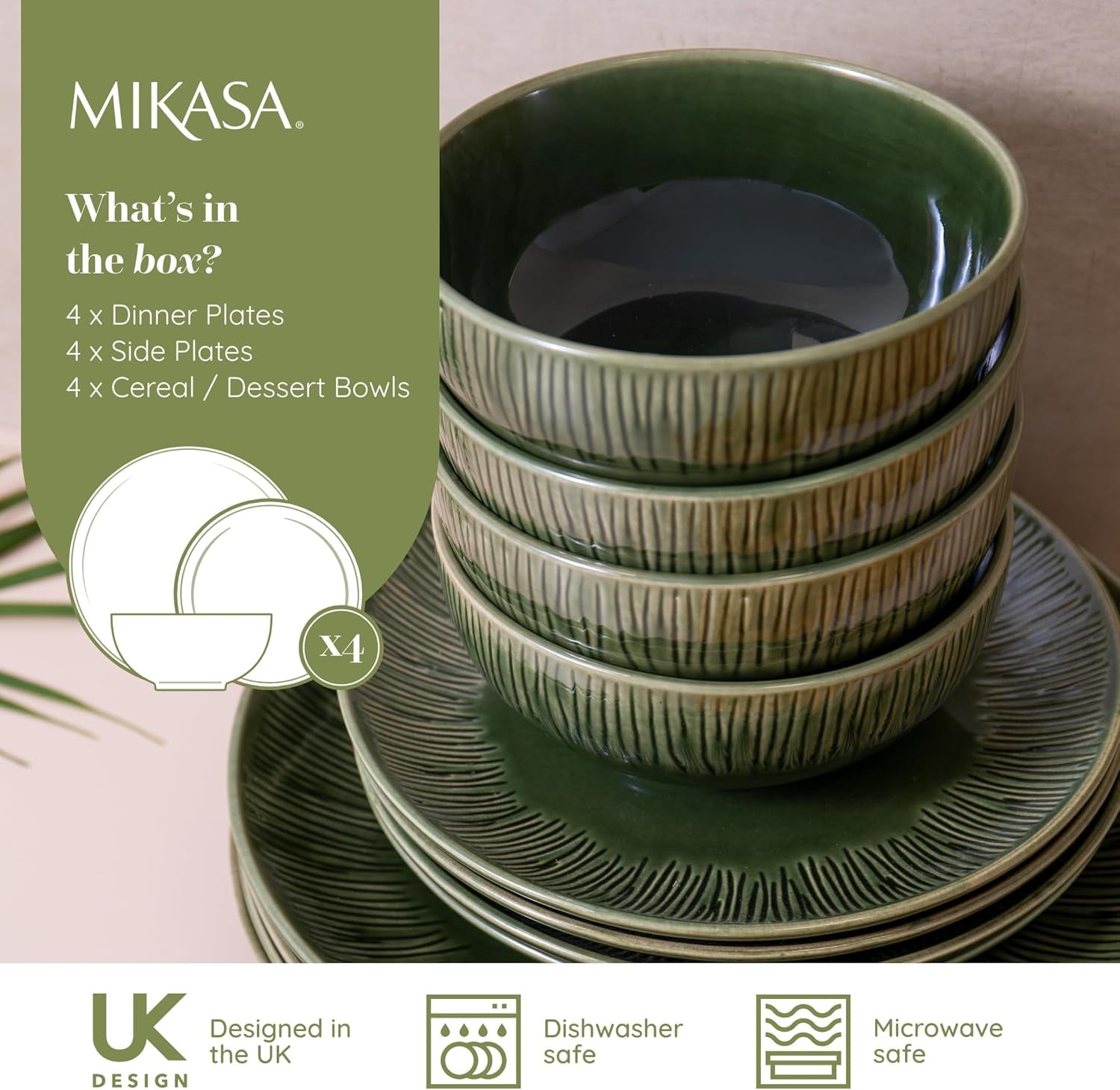 Mikasa Jardin 12-delat servisset, 4-personers servisset i stengods med tallrikar, sidotallrikar och skålar, grönt - presentförpackning och diskmaskinssäker