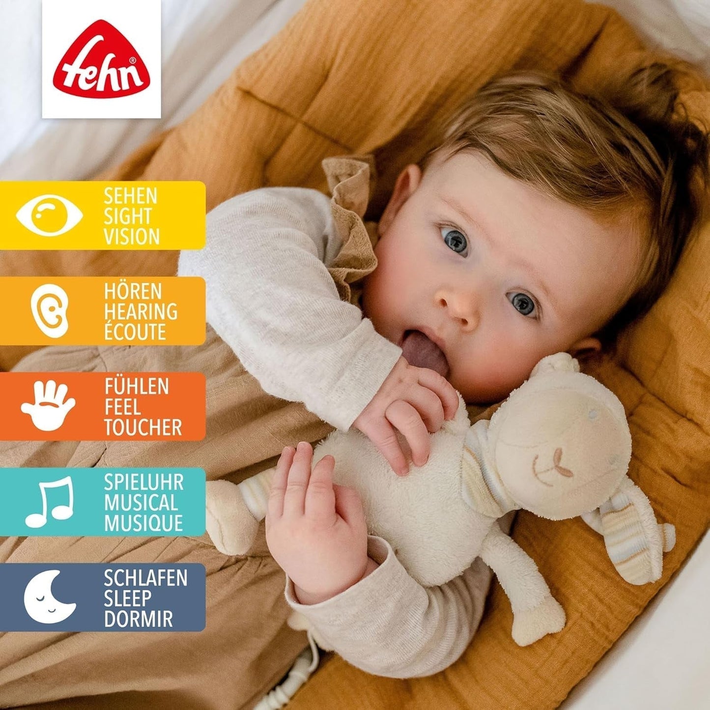 Fehn speldosa baby sömnhjälp får - plyschleksak med fäste - sömnhjälpslåt "Brahms vaggvisa" - barnleksak för resor och hem - musikleksaker för bebisar och barn Bebe Naty Shop Toys