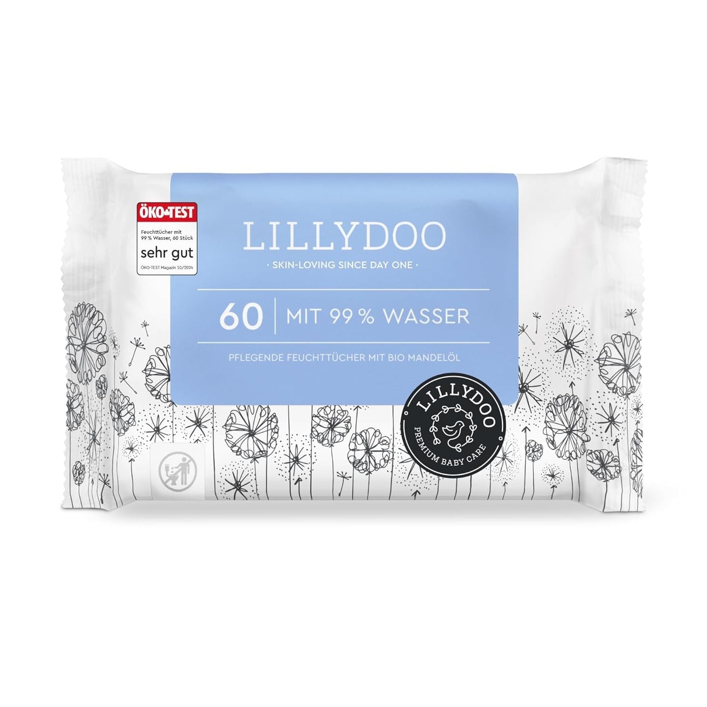 LILLYDOO Gröna våtservetter, 600 antal (10 x 60), 100 % plastfri tårbeständig våtservett - Doftfri, skonsam och naturlig, skonsam rengöring för känslig hud, dermatologiskt testad