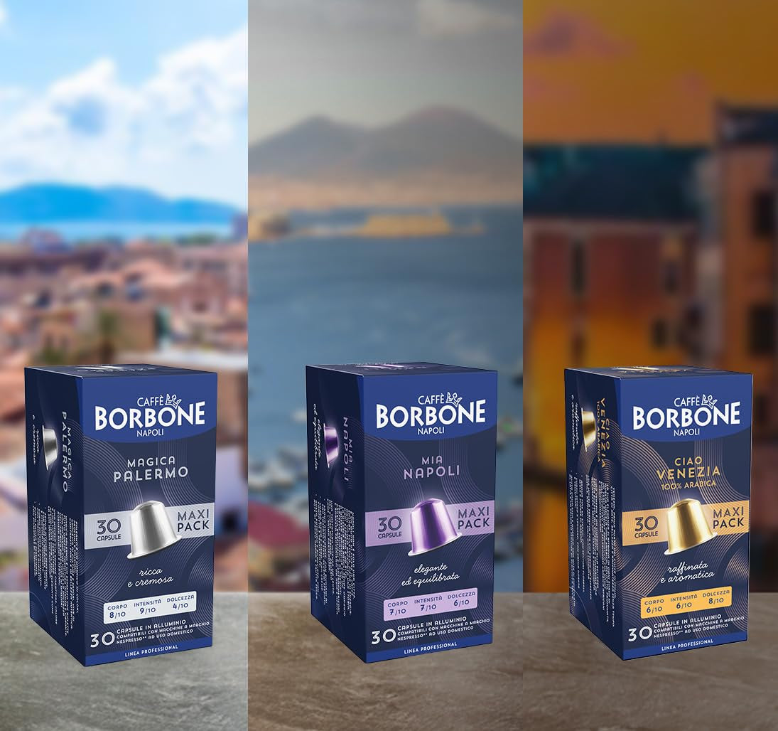 Caffè Borbone Verkostung Kit, 90 aluminiumkapslar: 30 Mia Napoli, 30 Ciao Venezia, 30 Magica Palermo, (3 x 30 Stück) – Kompatibel med Kaffeemaschinen für den Hausgebrauch av märket Nespresso®*