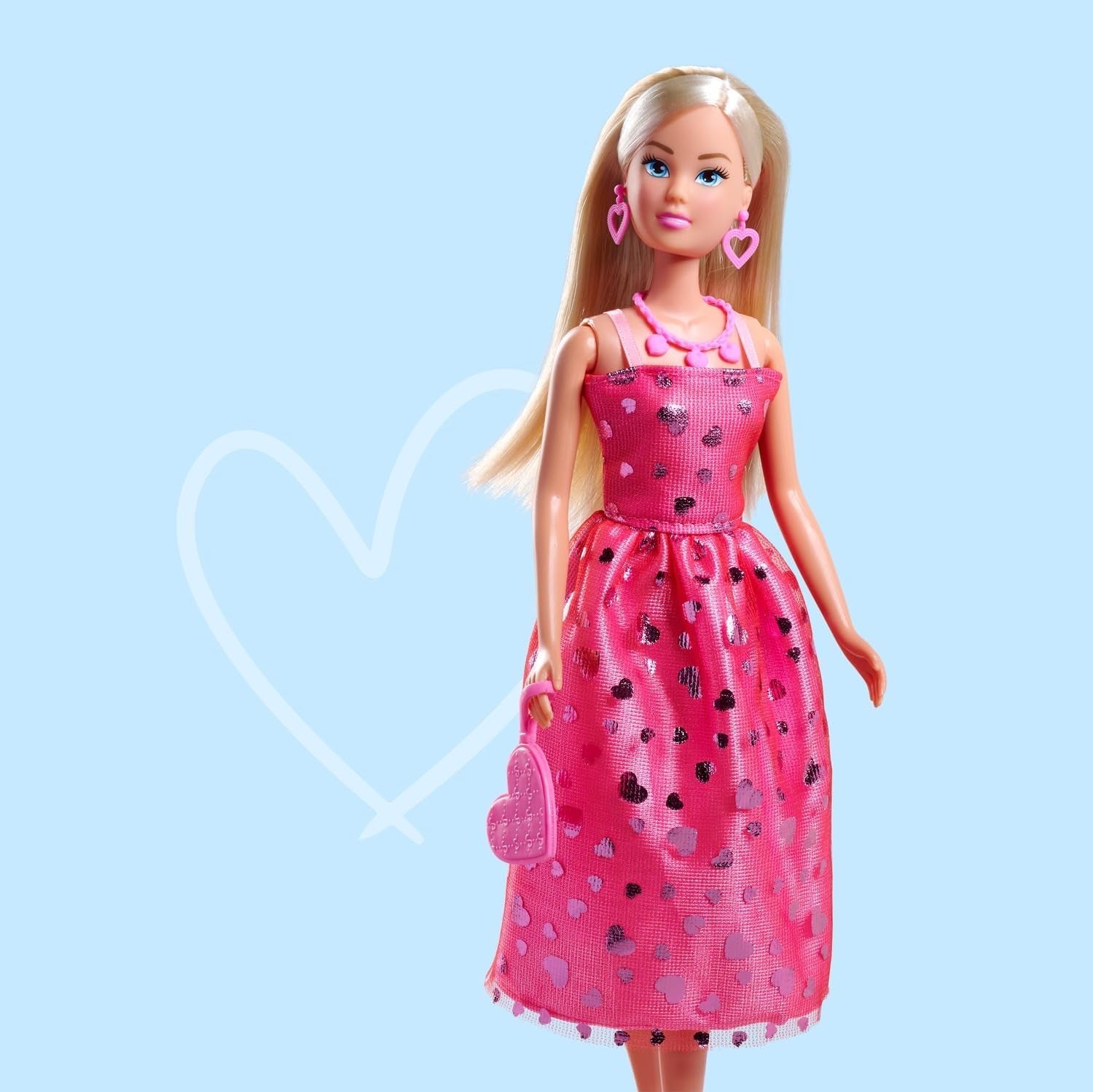 Simba Steffi Love Pink Love – Ankleidepuppe im rosa Glitzerkleid, inkl. Zubehör in Herzform, 29 cm groß, Modepuppe für kreatives Rollenspiel, für Kinder ab 3 Jahren