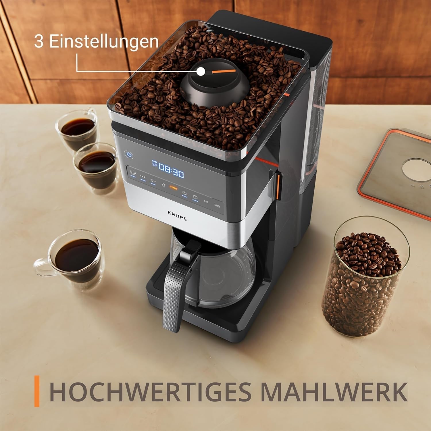 KRUPS Grind Aroma XL Espressobryggare, löstagbar konisk kvarn, Digital kontrollpanel, XL Kapacitet (1,5 L), Håll varm funktion, Glaskaraff, Svart/rostfritt stål, KM842810