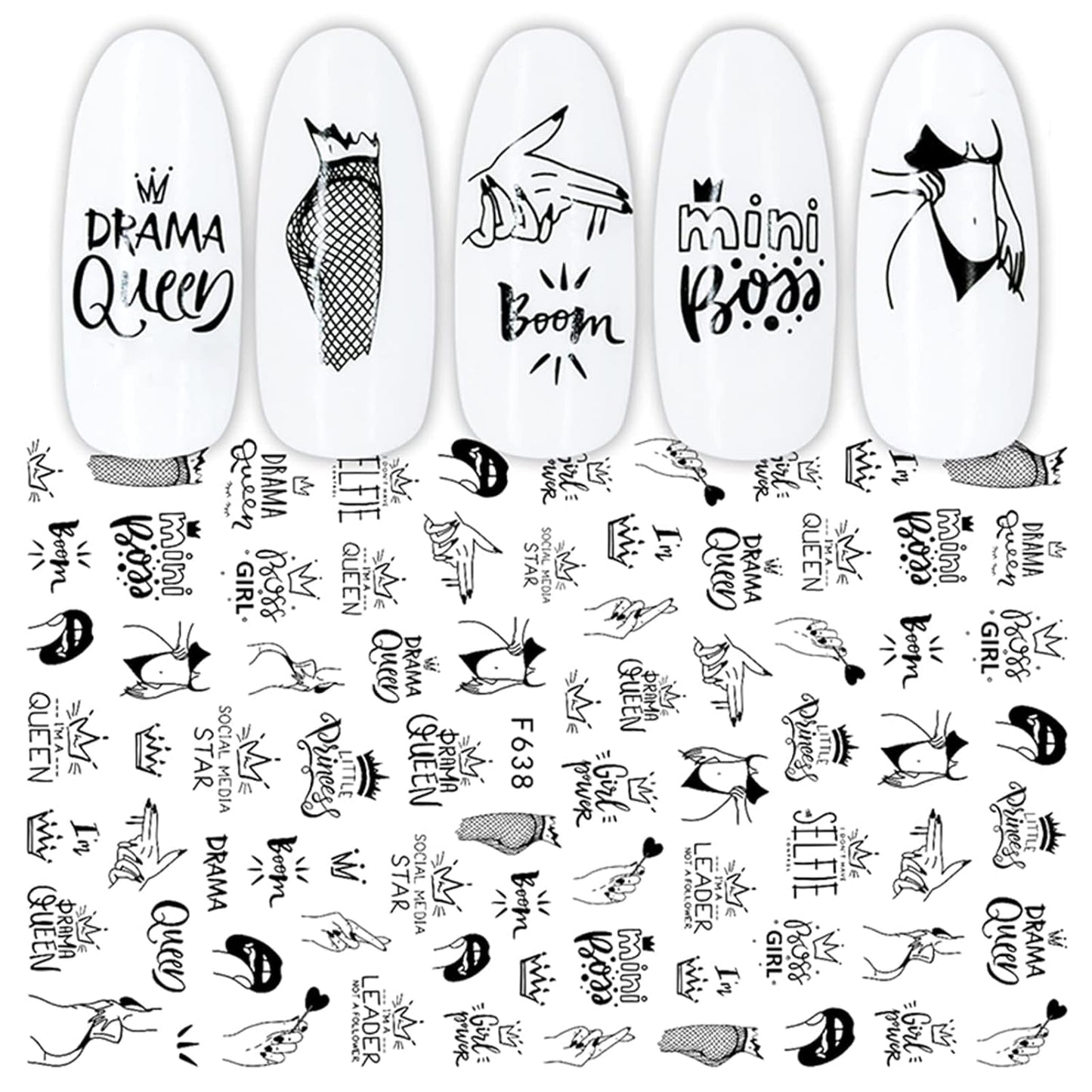 JMEOWIO Nagelsticker Geometrie 10 Blatt Nagelaufkleber Selbstklebend Schwarzes Herz Unregelmäßig Geformt Nagel Art Sticker Dekoration Nageldesign Zubehör