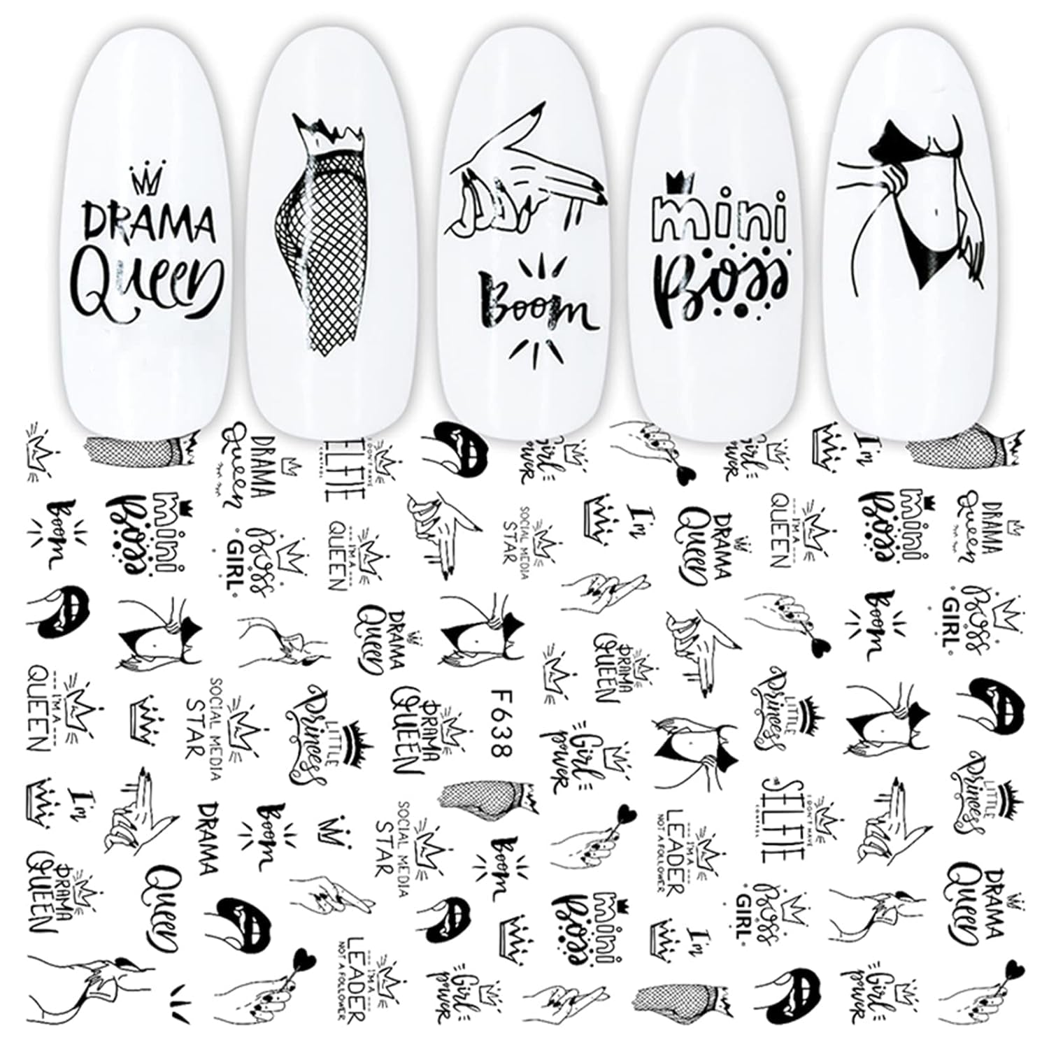 JMEOWIO Nagelsticker Geometrie 10 Blatt Nagelaufkleber Selbstklebend Schwarzes Herz Unregelmäßig Geformt Nagel Art Sticker Dekoration Nageldesign Zubehör