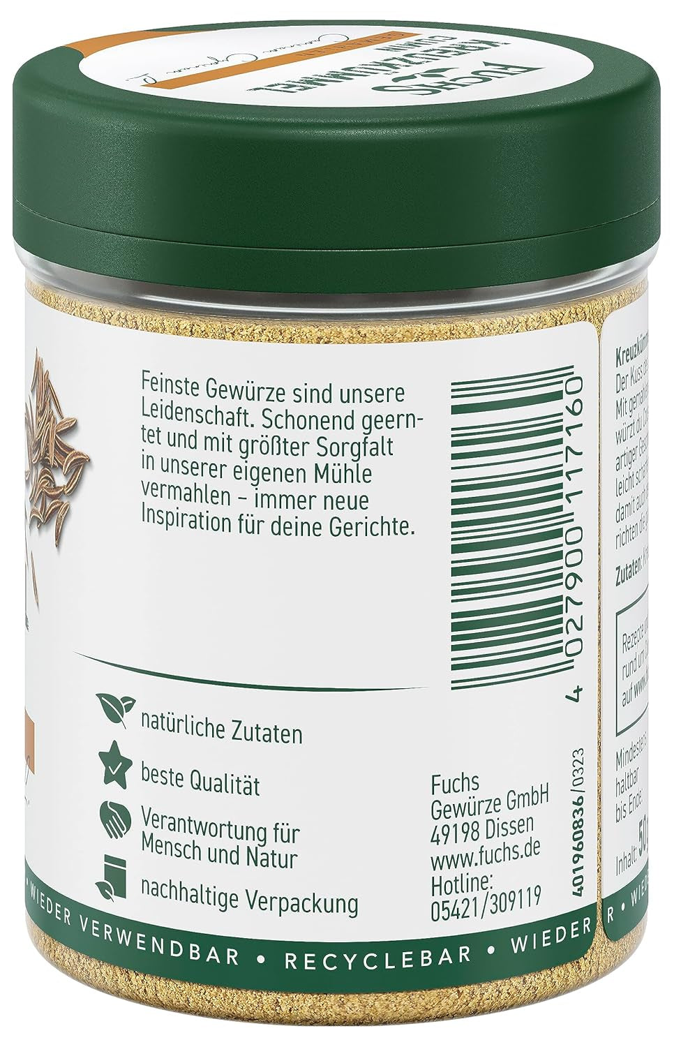 Fuchs Gewürze - Kreuzkümmel gemahlen - zum Würzen von Couscous, Hummus och Falafel - naturliga ingredienser - 50 g i wiederverwendbarer, recyclebarer Dos
