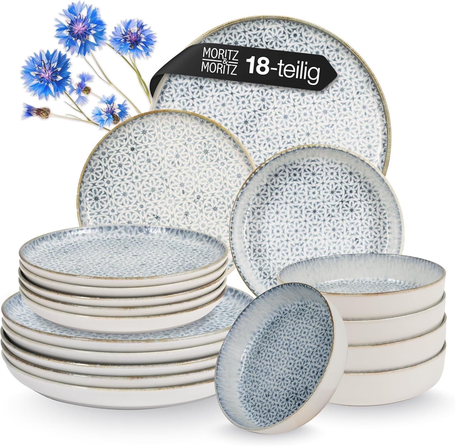 Moritz & Moritz ALHAMBRA servisset för 6, 18 delar, högkvalitativt porslin - modernt blått servis - lättskött set med 6 mattallrikar, 6 desserttallrikar och 6 skålar