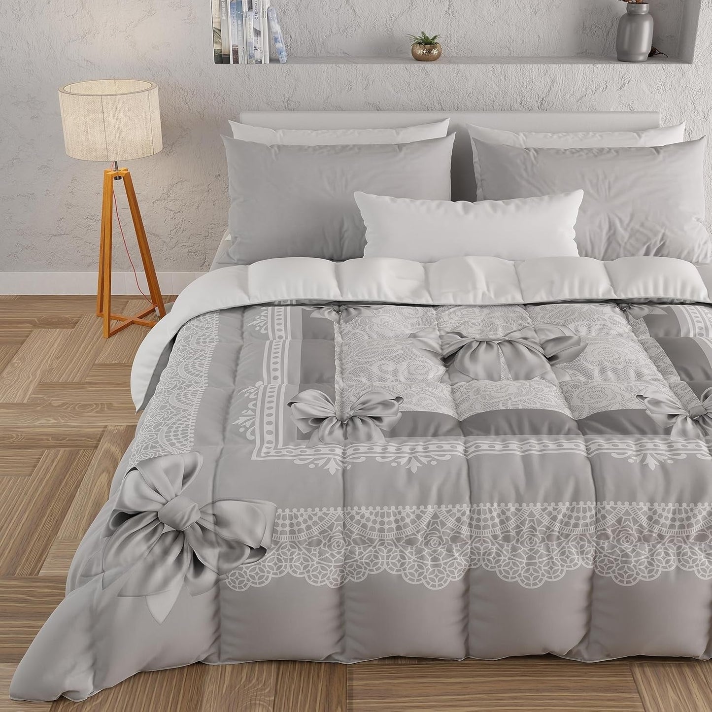 PETTI Artigiani Italiani - Vintertäcke, Vintertäcke, Enkelt täcke, Dubbelsidigt, Enfärgat och digitalt tryck, 100 % anti-allergisk mikrofiber, Made in Italy Täcken och täcken Naty Shop Gråband 160 X 190 Cm
