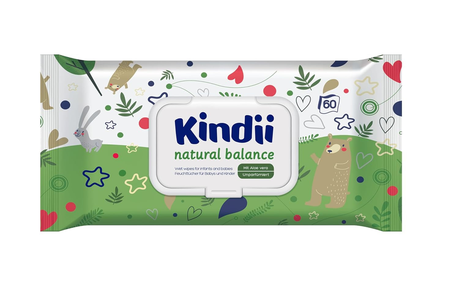 Kindii Natural Balance våtservetter för bebis – (1 x 60 st.) Våtservetter för bebisar och barn – Skyddande, Aloe Vera, Delikat doft – 60 st.