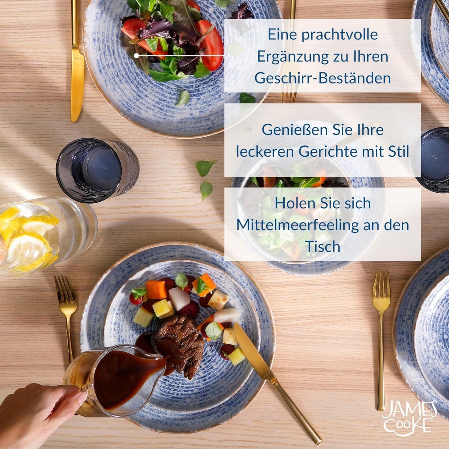 Azure Vintage Stoneware servisset för 6 - 24 delar - vita och blå ränder, präglad yta - Diskmaskin, ugn och mikrovågssäker