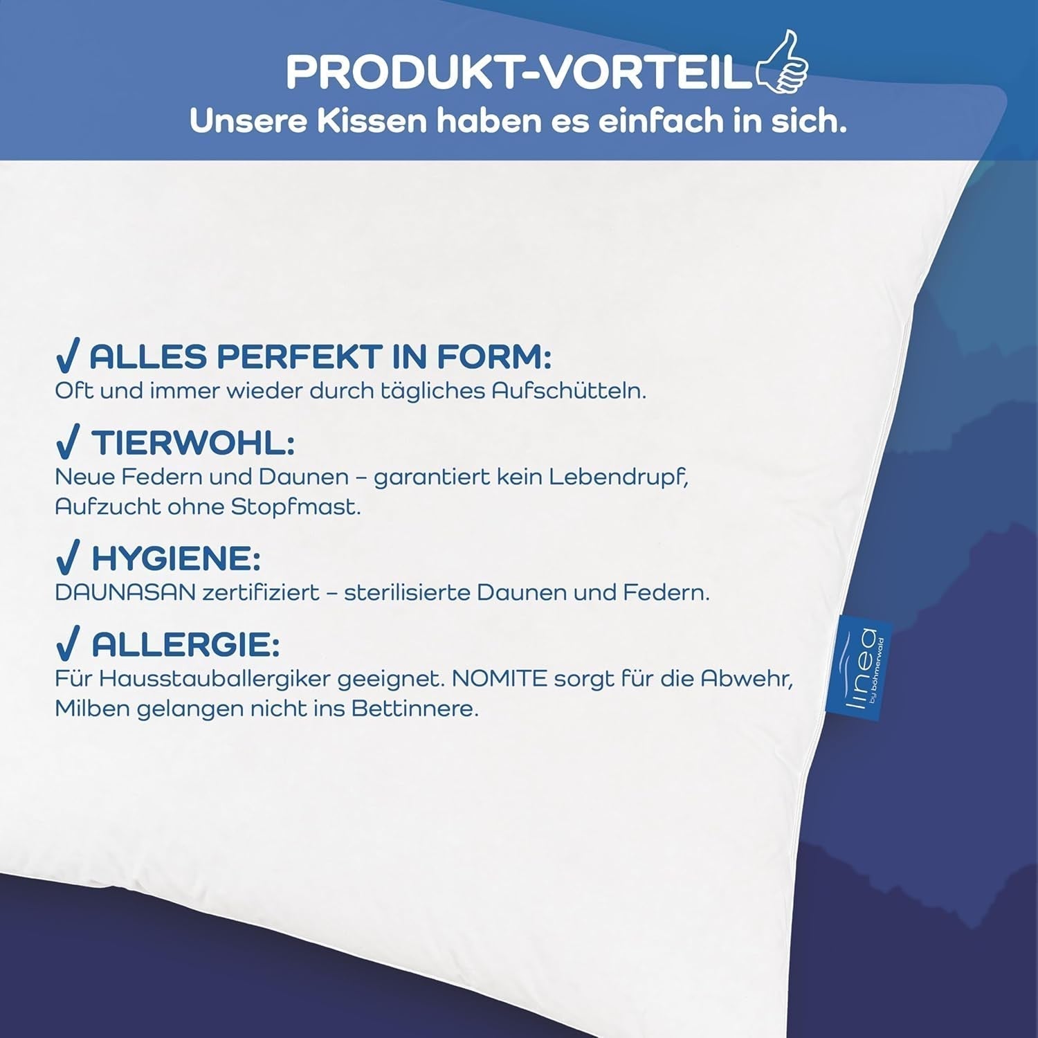 LINEA by Böhmerwald - Mysigt - Högkvalitativ balanskudde, 40X80, 70% klass 1 fjädrar, 30% nytt dun, lämplig för allergier, tvättbar upp till 60°C, tillverkad i Tyskland Naty Shop standardkuddar