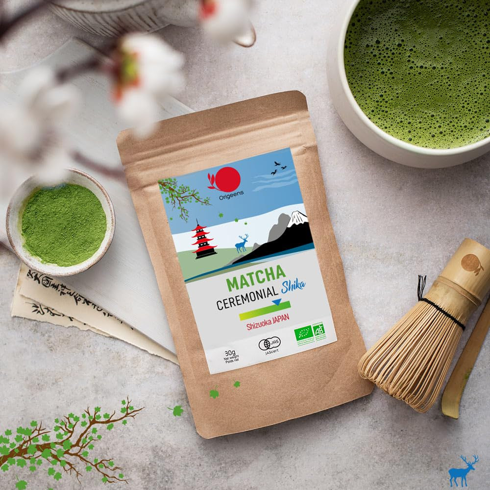 ORIGEENS BIO MATCHA CEREMONIELL GRADE "SHIKA" - Ekologiskt japanskt te från Shizuoka - Matcha Latte/Usucha - 30g påfyllningspåse - Ceremoniellt ekologiskt Matcha grönt tepulver