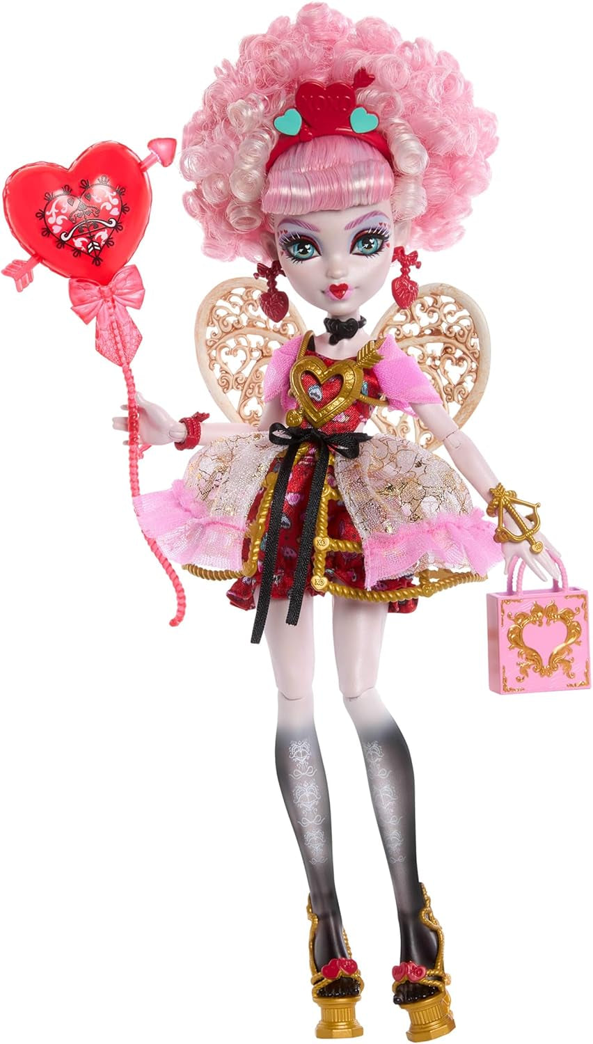 Monster High Skrämmande söt födelsedag Cupid Asteria docka i rosa och röd festklänning med tillbehör som inbjudan, ballong, present och mer, JBG77