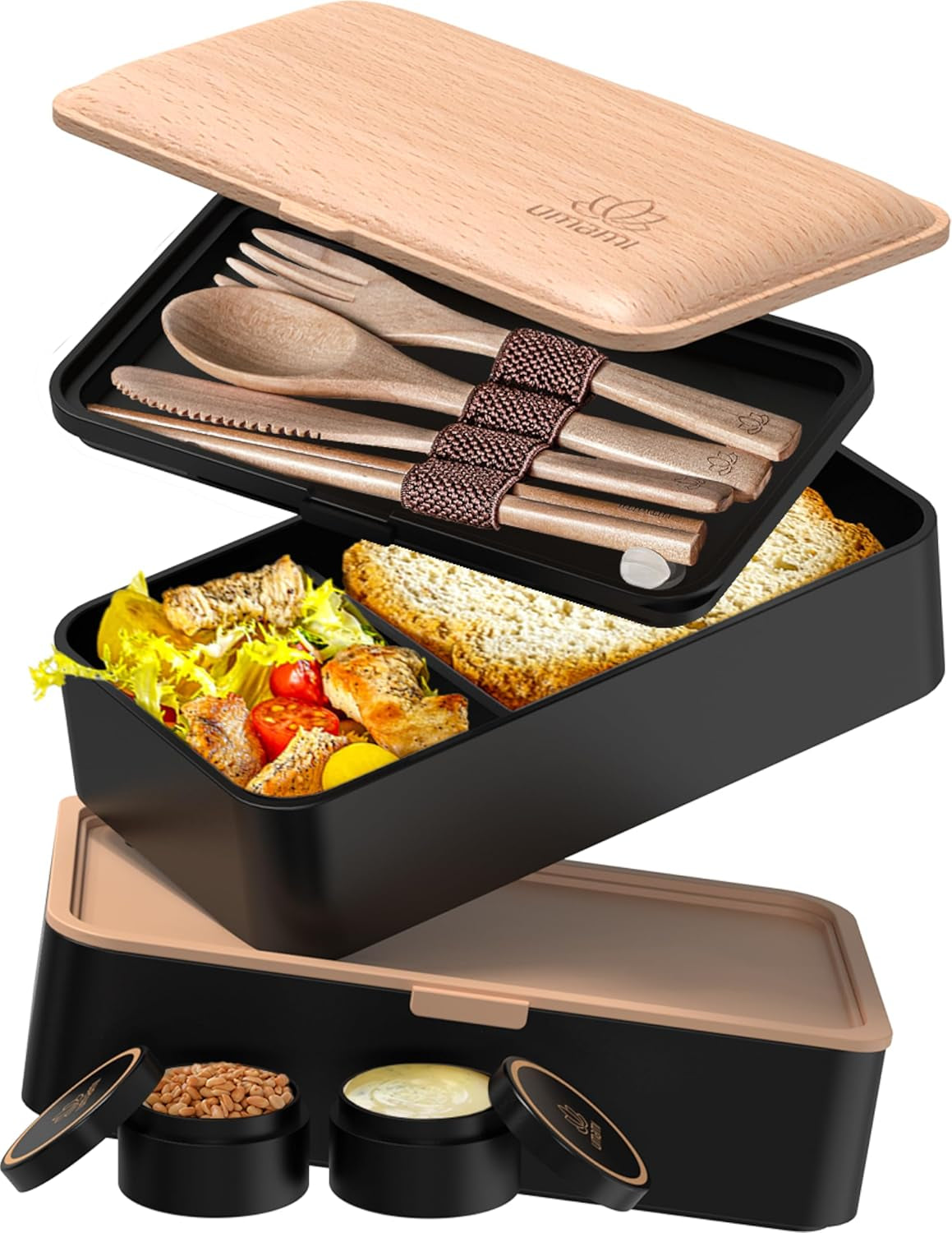Umami Lunchbox för vuxna, Stapelbar Bento-låda med 4 bestick och fack, Vuxen Lunchbox, To-go-salladsbehållare, Picknick-/kontorslunchlåda, Kolgrå, 1500 ml Matförvaringslådor Naty Shop Black Beech L - 1200 Ml