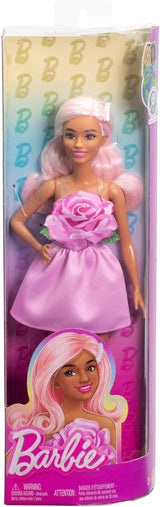 Barbie Fashionistas docka nr. 238 med pastellrosa hår, axelbandslös klänning med rosa livstycke, pärlhårklämma och höga klackar och hårspännen, HYT94