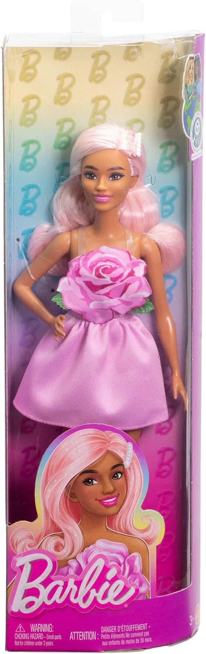 Barbie Fashionistas docka nr. 238 med pastellrosa hår, axelbandslös klänning med rosa livstycke, pärlhårklämma och höga klackar och hårspännen, HYT94