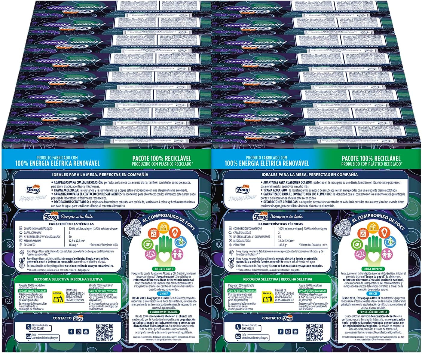 Happy Hour | Dubbellagersservetter | 16 paket À 50 st À 33 X 33 Cm | FSC-certifierad | 100 % förnybar el | Återvinningsbara förpackningar tillverkade av återvunnen plast