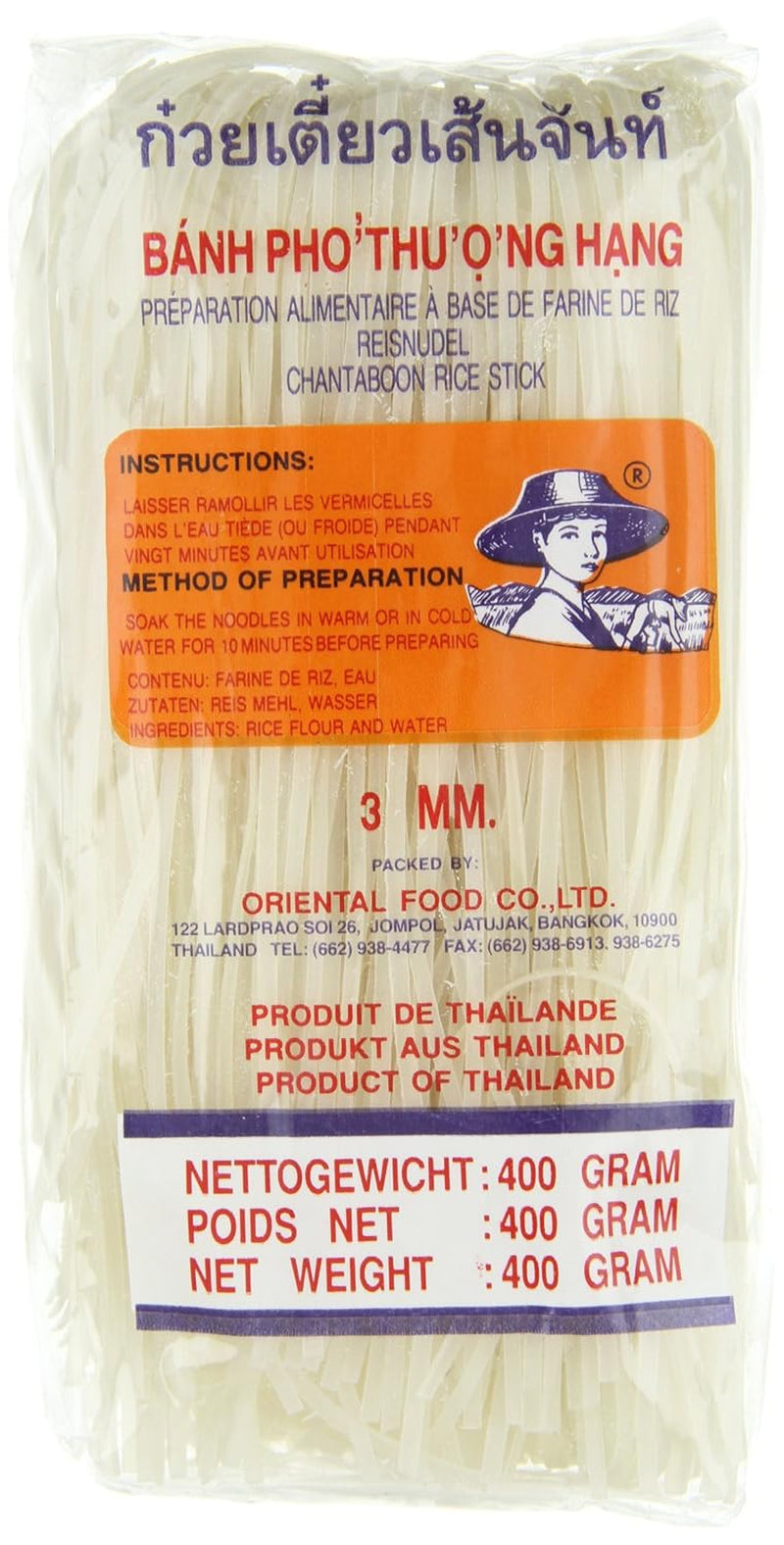 Risnudlar - thailändska, 3 mm breda risbandsnudlar, gjorda av rismjöl - 17 x 400 g