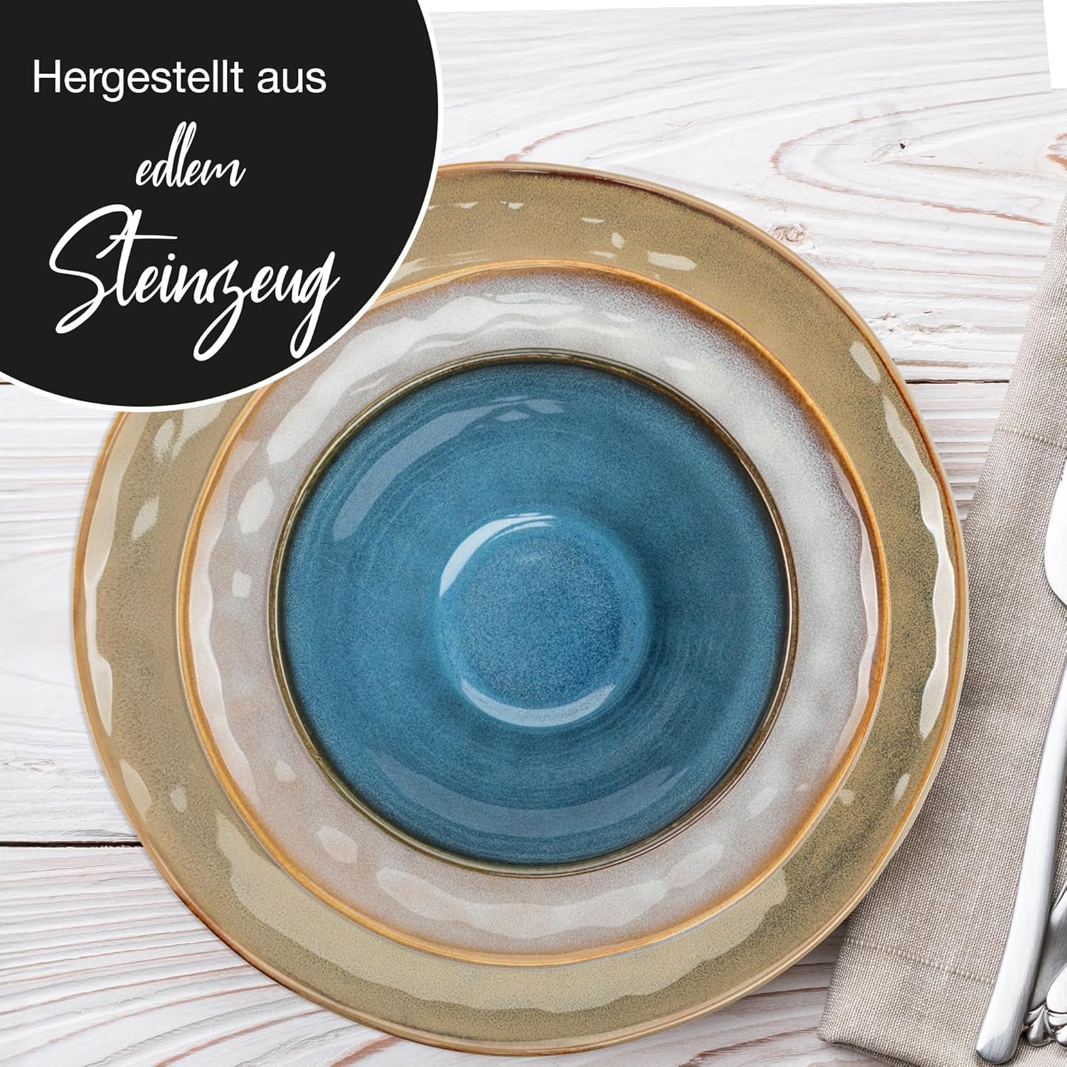 Moritz & Moritz COPA 16-tlg Geschirrset 4 Personen - Elegantes Teller Set från hohrstandigem Steinzeug - Geschirr Set 4 Personen från je 4x Dinnerteller, Dessertteller, Müslischale & Kaffeebecher