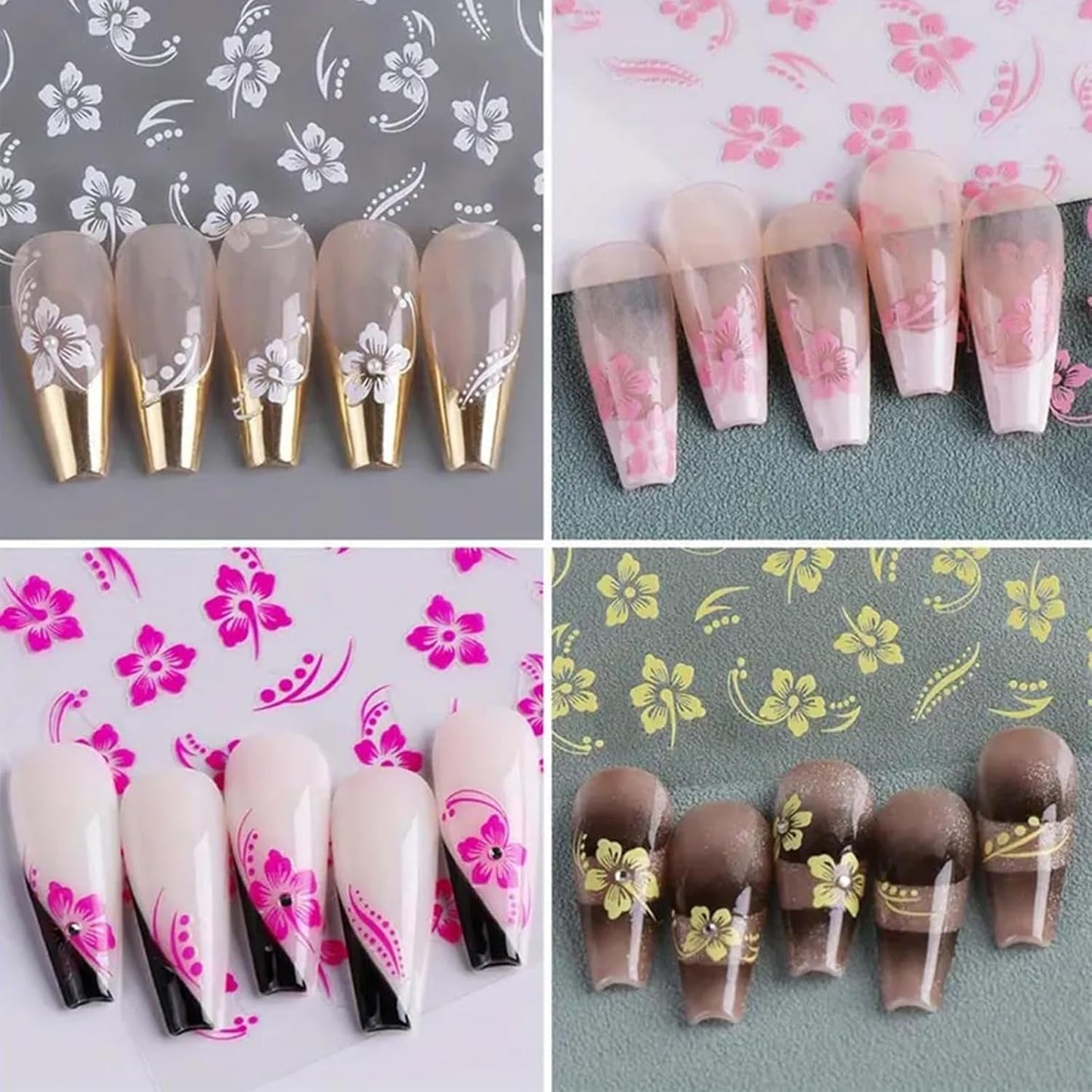 8 Stück Hibiskus Nagelsticker, 3D Selbstklebende Blumen Nagelaufkleber, Weiß Rosa Gelb Magenta Sommer Neonagelklistermärke, Nagelkonst Zubehör Nagel Deko Für Frauen