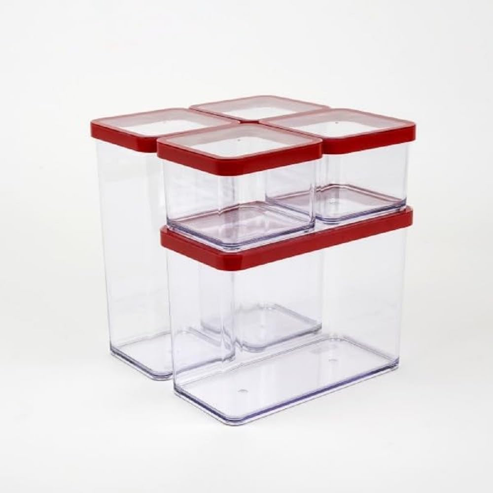 Rotho Loftset med 5 förvaringsburkar med lock, olika storlekar, matplast (PP) BPA-fri, genomskinlig/röd, (21,4 x 21,4 x 23,5 cm) Naty Shop Matförvaringslådor Set om 5 (1X 2,1L + 2X 1,5L + 2X 0,5L)