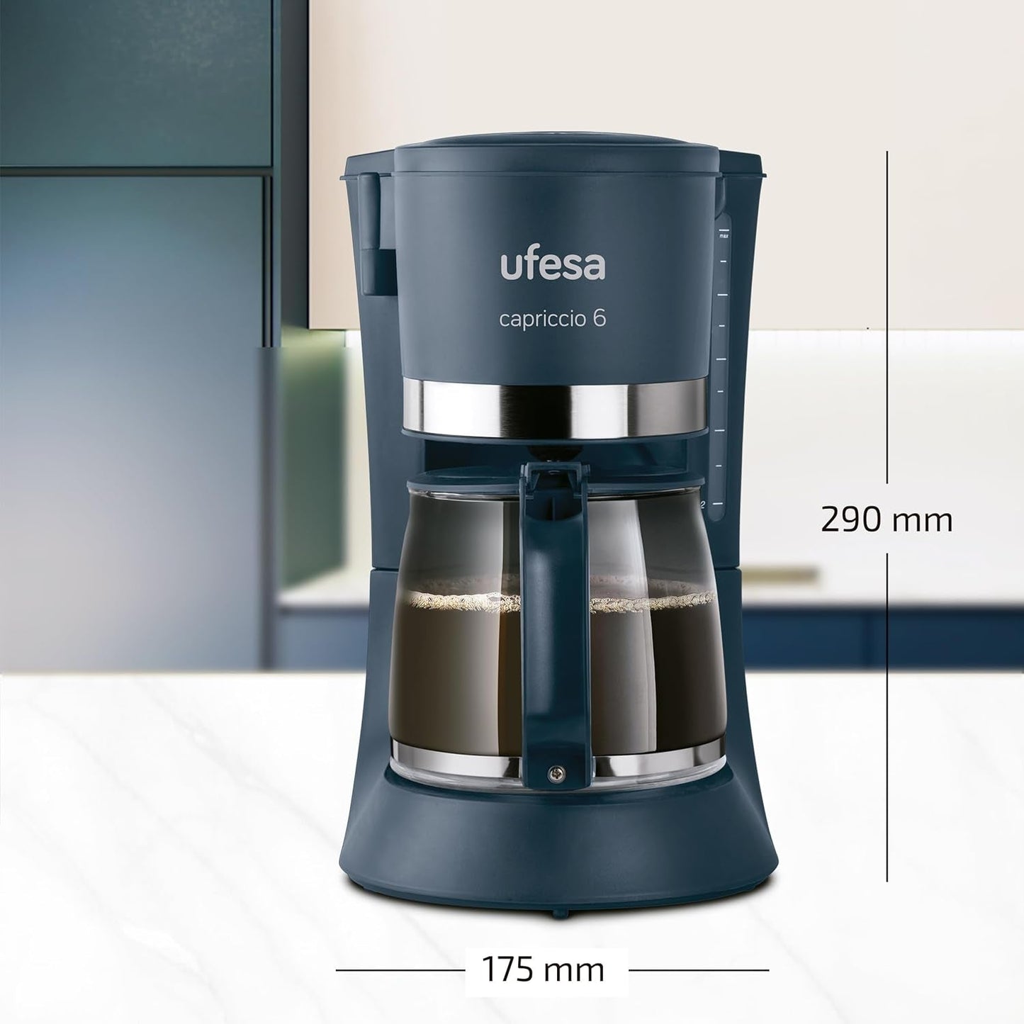 Ufesa CG7114 Capriccio filterkaffebryggare, 6 koppar, 600W, karaff 0,6L, anti-droppsystem, automatisk avstängning, blå