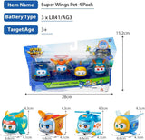 Super Wings Super Pets 4 ST Shine, Golden Boy, Jerome, Ellie Switchable Ansiktsuttryck Blixteffekt Bärbar leksak för 3 4 5 6 7 8 Years Old Boy Girl 2 Inch Actionfigurer Naty Shop