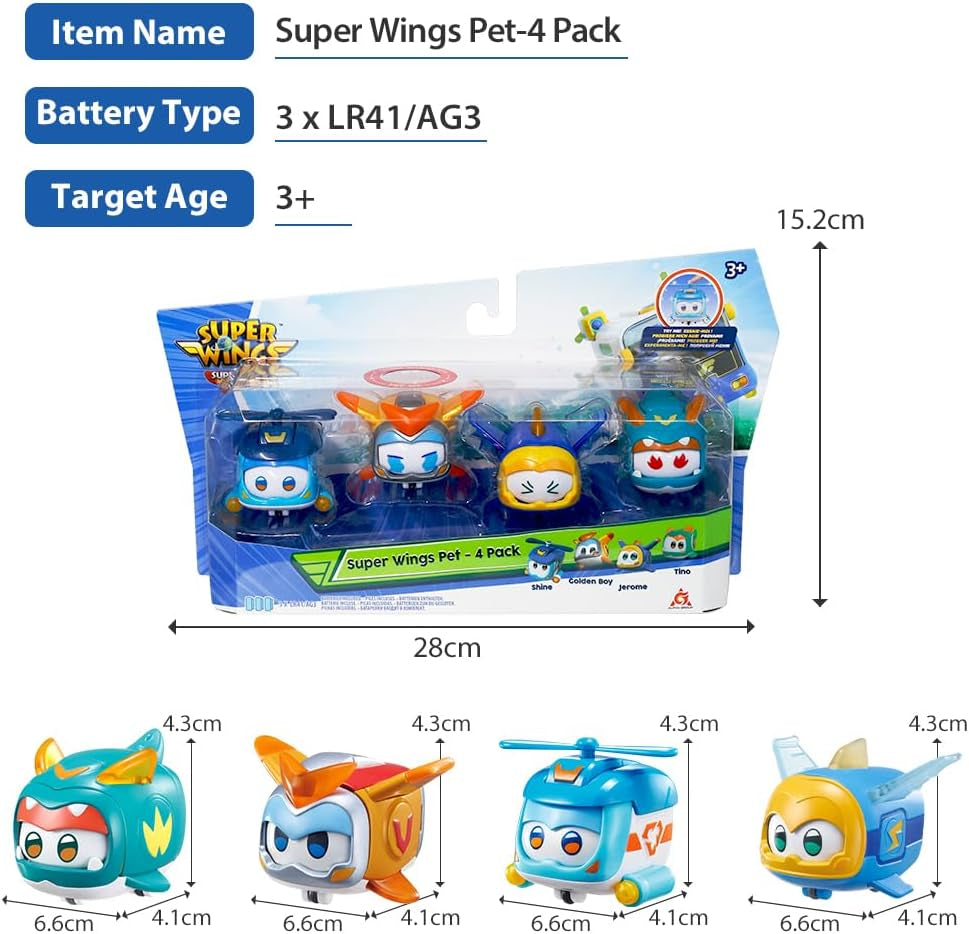 Super Wings Super Pets 4 ST Shine, Golden Boy, Jerome, Ellie Switchable Ansiktsuttryck Blixteffekt Bärbar leksak för 3 4 5 6 7 8 Years Old Boy Girl 2 Inch Actionfigurer Naty Shop