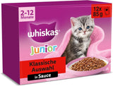 Whiskas Junior Classic Selection våtfoder för katter i sås, 48 ​​påsar, 12 x 85 g (paket med 4) - Högkvalitativt våtfoder för växande katter, 2 till 12 månader