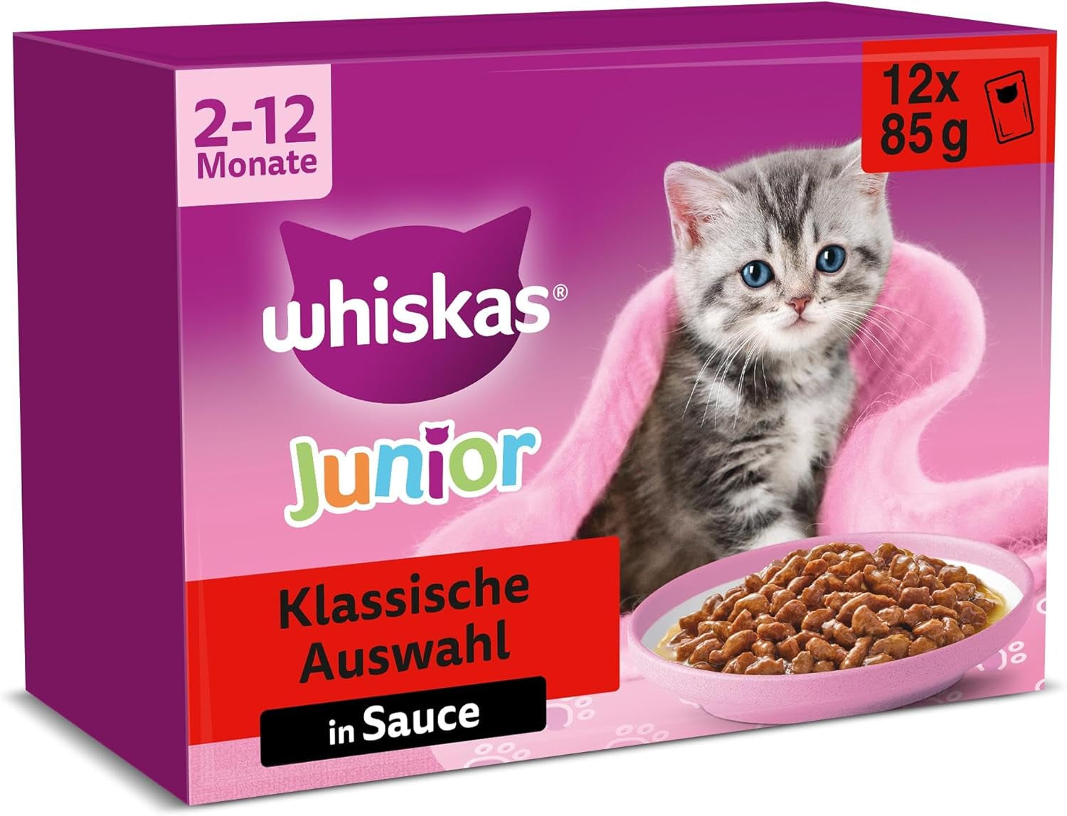 Whiskas Junior Classic Selection våtfoder för katter i sås, 48 ​​påsar, 12 x 85 g (paket med 4) - Högkvalitativt våtfoder för växande katter, 2 till 12 månader