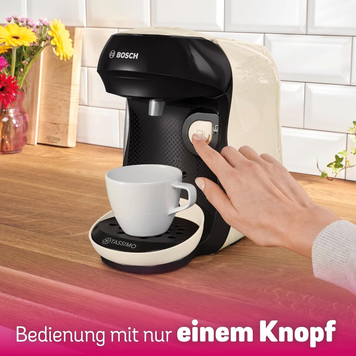 Bosch Tassimo Happy Friendly TAS107E Kapselespressomaskin, 70+ drycker, Lämplig för alla koppar, Auto-Stop, Hållbar, Perfekt Dosering, Platssparande, 1400W, Kräm/svart