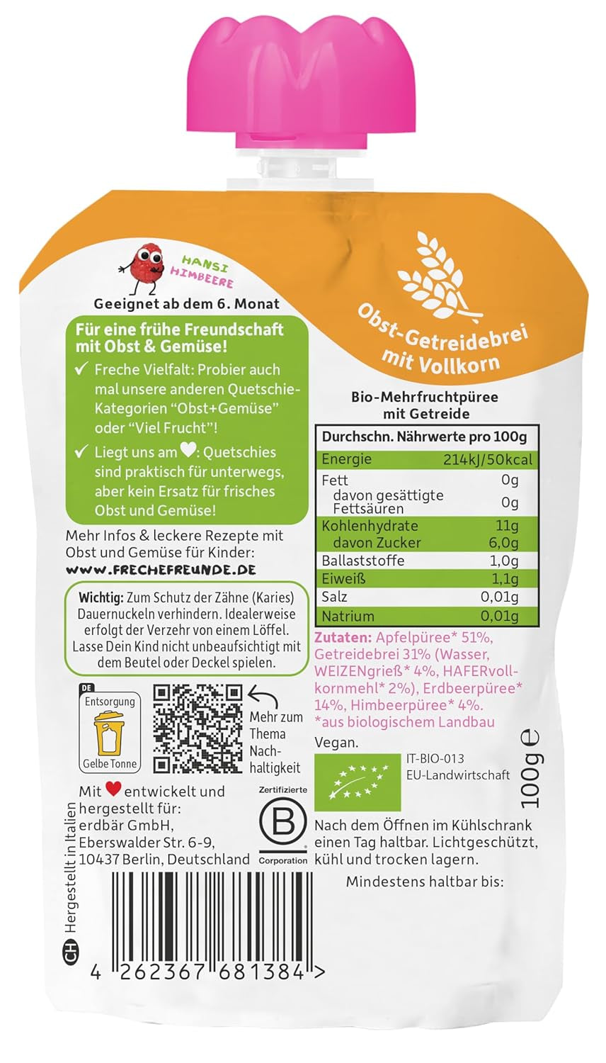 FRECHE FREUNDE Bio Quetschie Apple, Erdbeere, Himbeere mit Grieß, Fruchtmus mit Getreide i Quetschbeutel für Babies från 6. Månad, vegansk, 6er Pack (6 x 100g)