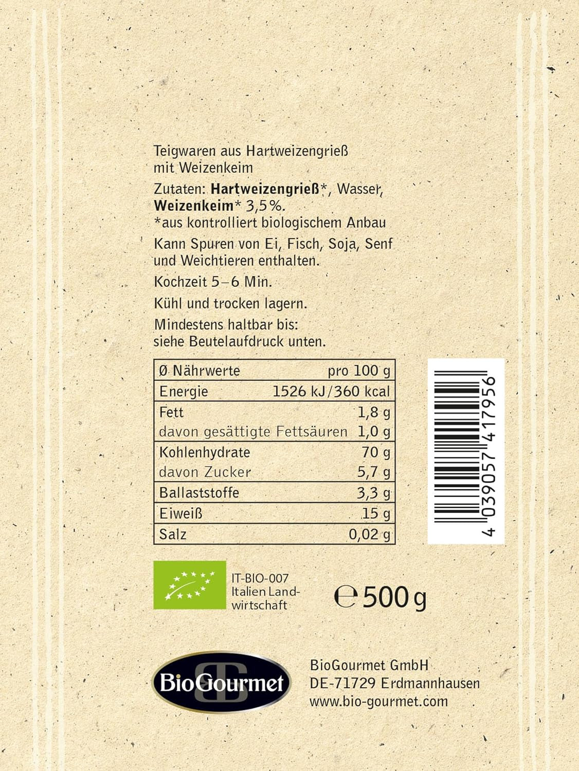 BioGourmet Pappardelle med vetegroddar - Ekologisk bred pasta för grytor och såser - med extra näringsämnen | 500 g ekologiskt och veganskt