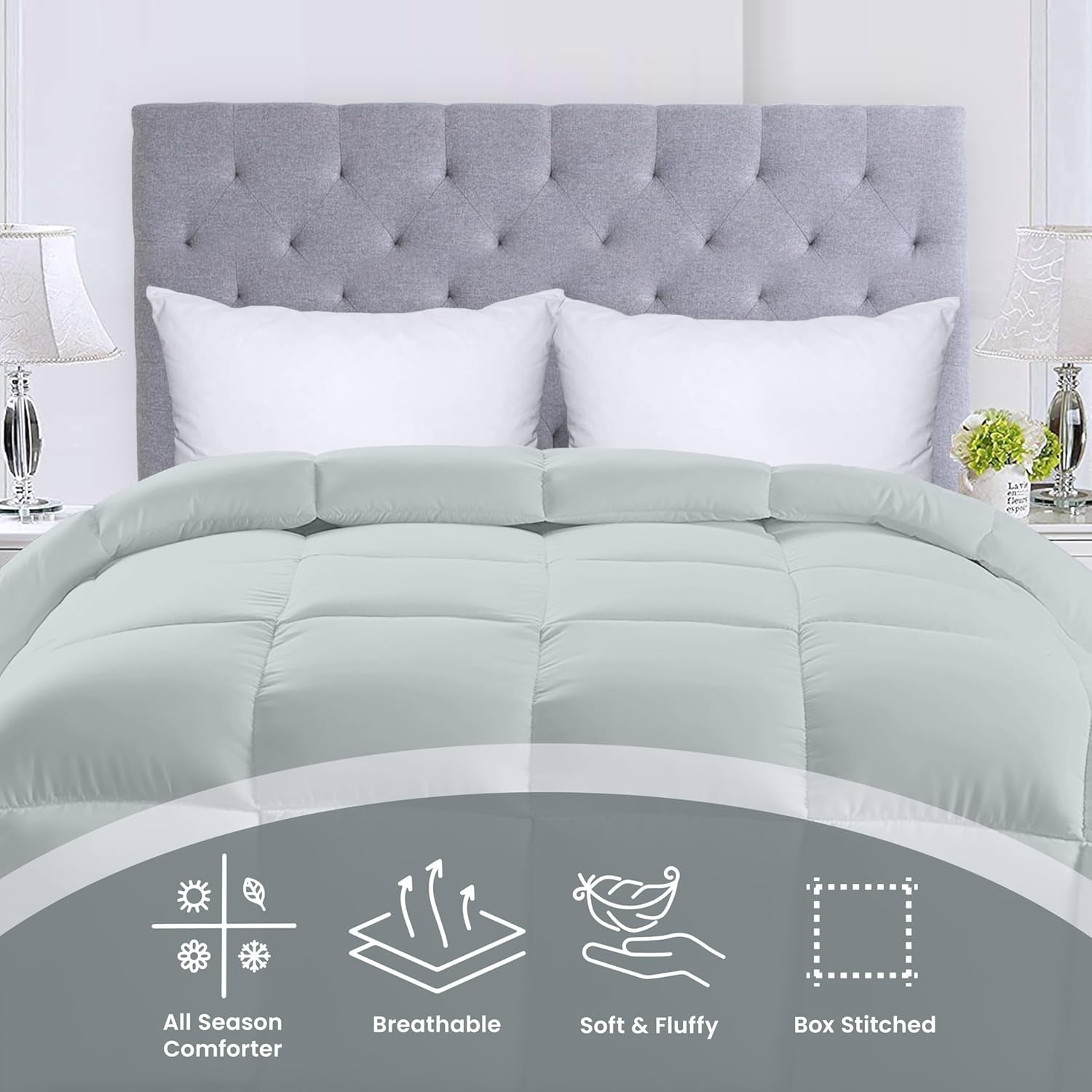 Utopia Sängkläder Helårstäcke 250g/m² Plysch silikonfiberfyllning dubbelsäng sydd i låda (dubbelsäng XL ljusgrå) Naty Shop Täcken & täcken