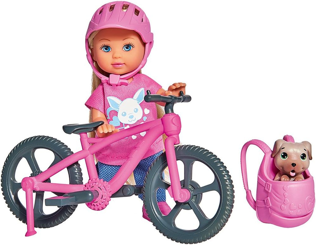 Simba 105733273 - Evi Love Fun Holiday Bike Doll med cykel, hund och ryggsäck, modedocka, 12 cm, för barn från 3 år och uppåt