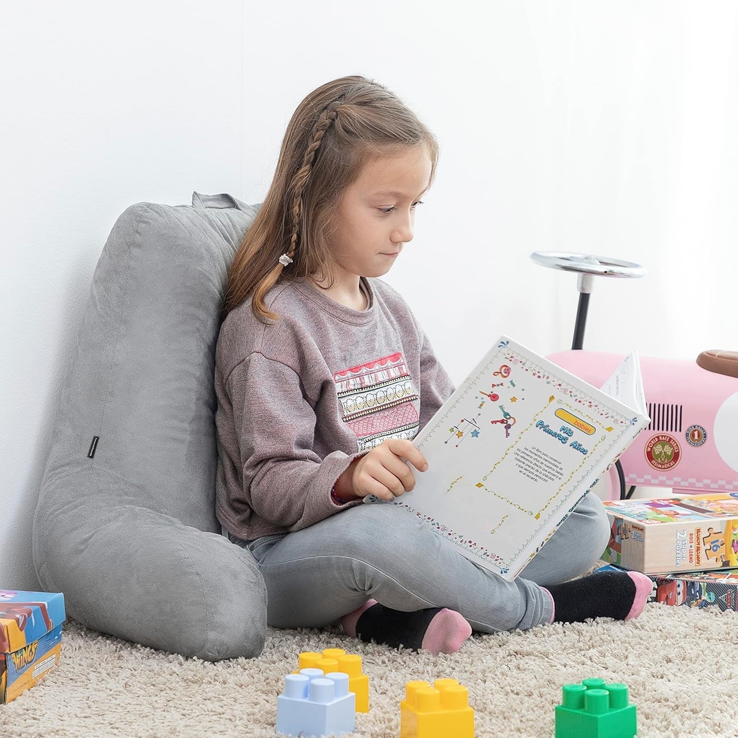 InnovaGoods Huglow läskudde med armstöd för soffa, säng och matta, läskudde med svankstöd och bärhandtag, ergonomisk, förhindrar obehag och smärta, grå