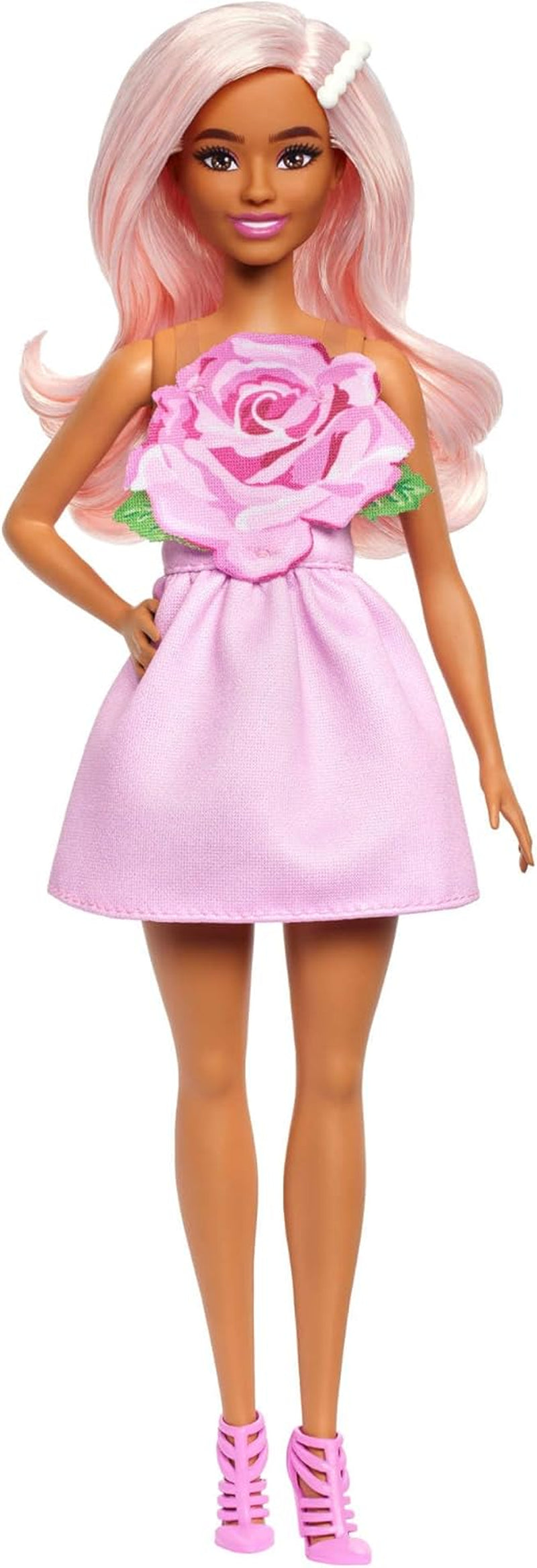 Barbie Fashionistas docka nr. 238 med pastellrosa hår, axelbandslös klänning med rosa livstycke, pärlhårklämma och höga klackar och hårspännen, HYT94