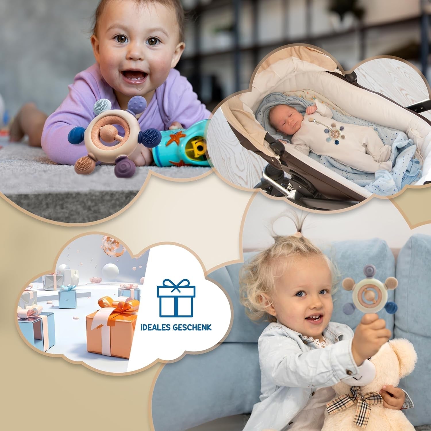 Babybitring med nappkedja - Tandningshjälp - Babyleksak 0-6 månader - Nyfödda Essentials - BPA-fri barnleksak - presentidéer för spädbarn