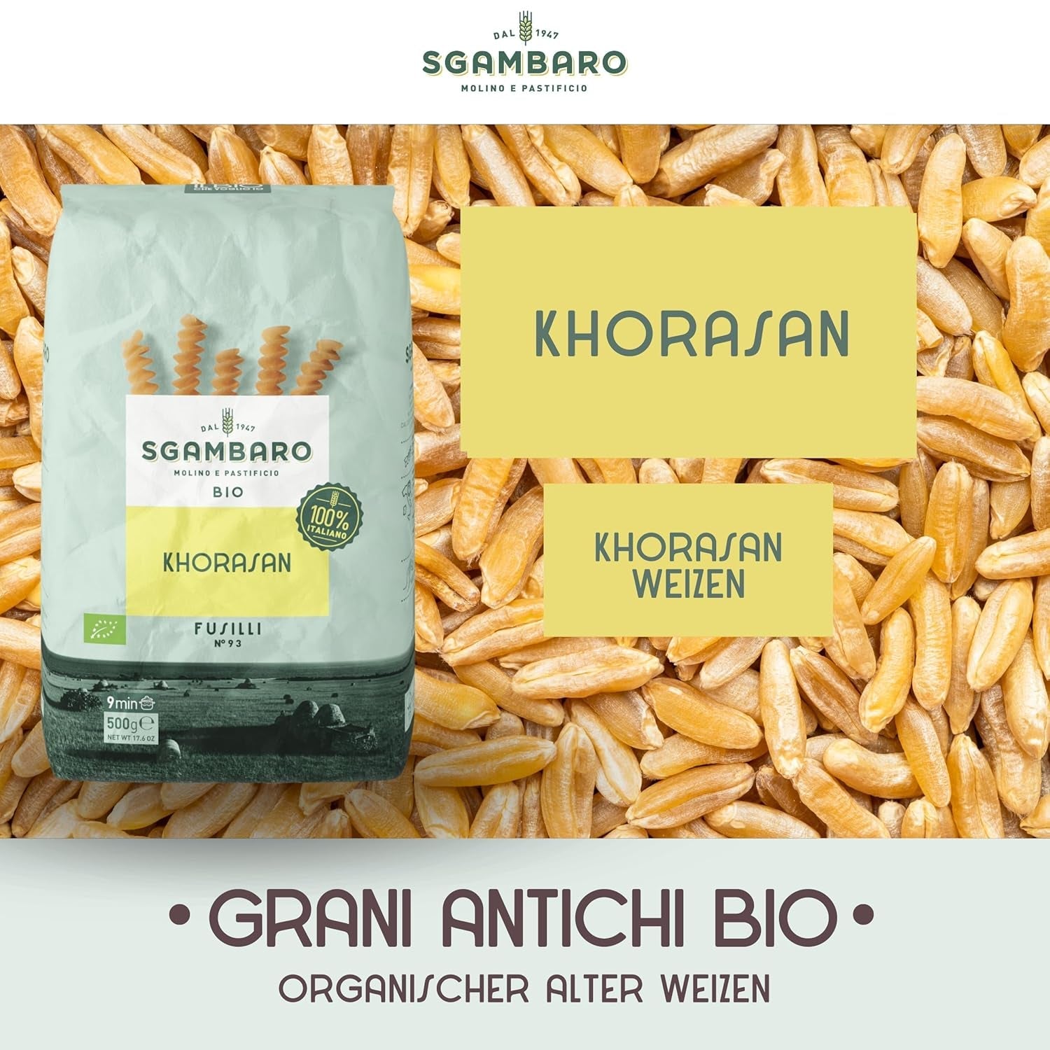 Ekologisk Fusilli Pasta nr 93 - 500g Khorasan-vete - Urgammalt vete, proteinrikt, 100% odlat i Italien - Mångsidig i köket och rikt på näringsämnen