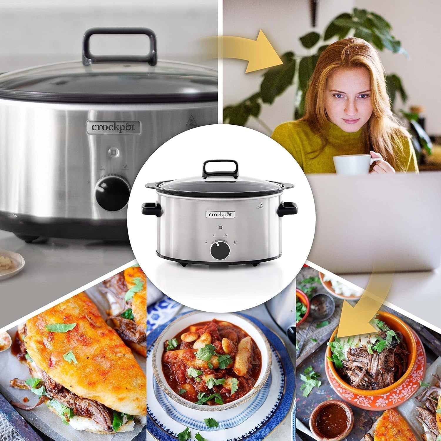 Slow cooker Crockpot,| 3,5 liter (3-4 personer), behållare för att bryna kött och grönsaker, rostfritt stål Slow Cooker Naty Shop