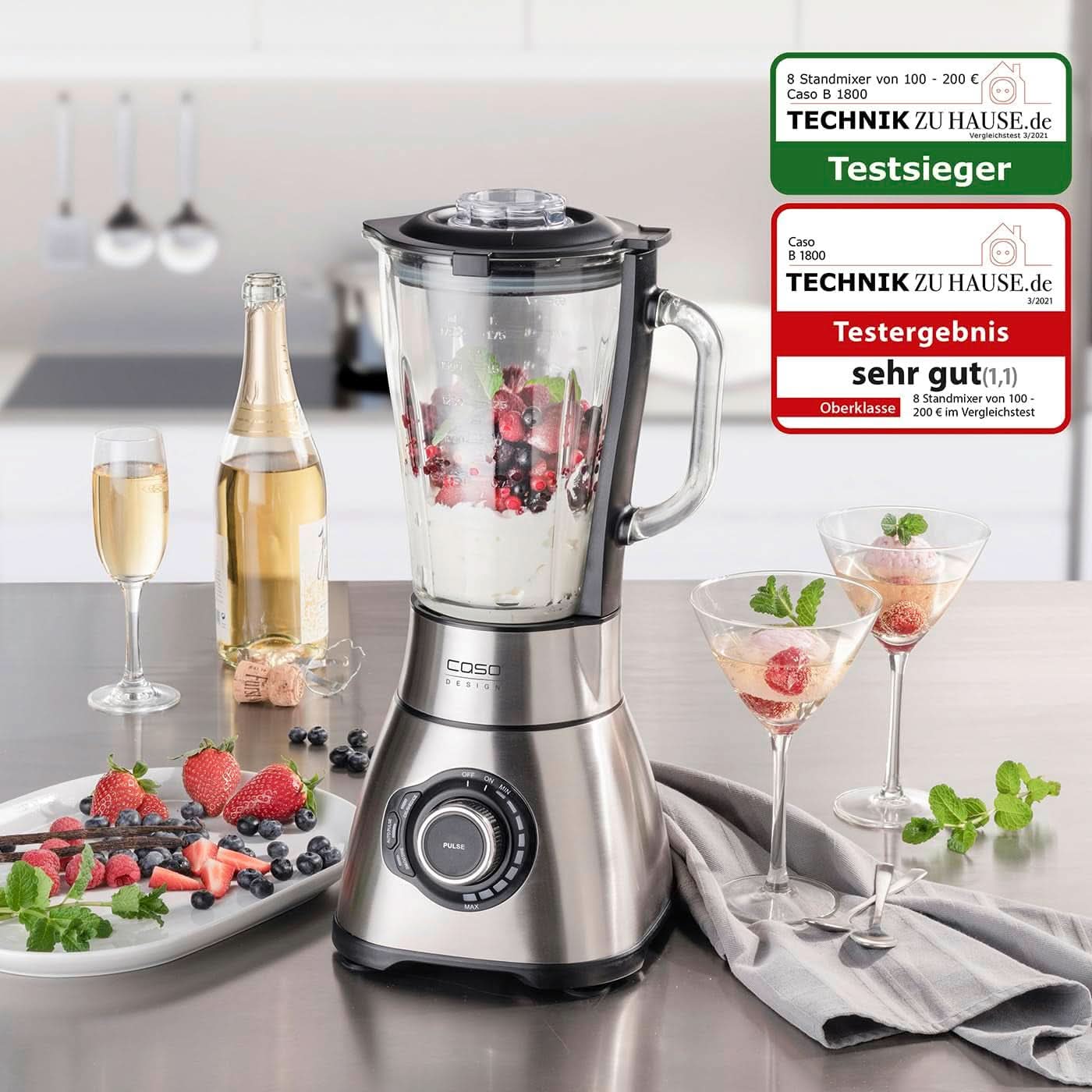 CASO B 1800 Powerblender-Set - Standmixer, 28 000 U/Min, Glasbehälter 1,75 L, Inkl. Trinkflasche Und Zerkleiner, Mixer Testsieger Mit Sehr Gut, Edelstahl Naty Shop
