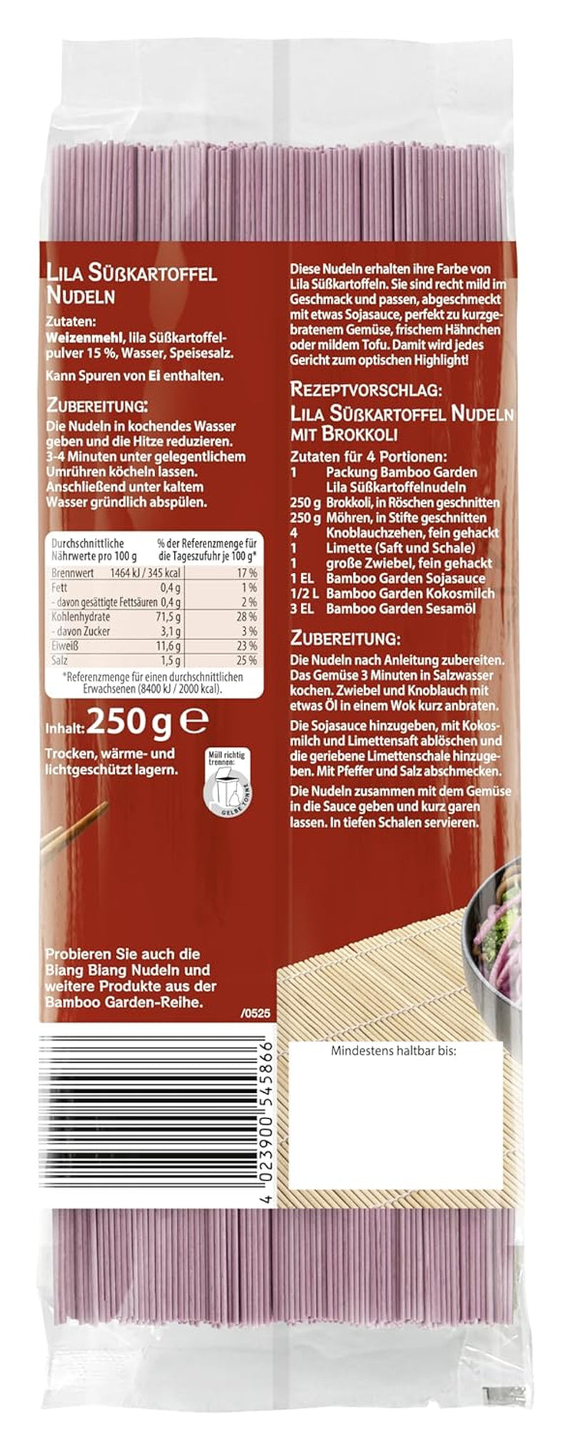 Bamboo Garden - Lila sötpotatisnudlar | Tunna nudlar med mild nötsmak | Idealisk för skålar och sallader | Snabb att förbereda 250 g påse