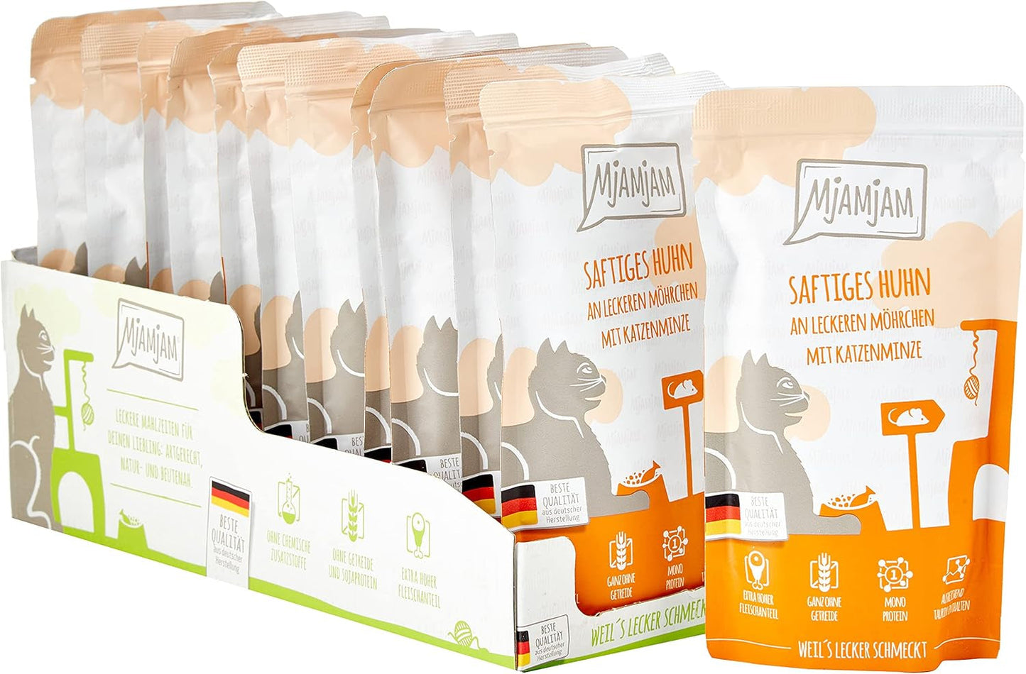 MjAMjAM - Premium våt kattmat - Pressbar påse - Juicy Kyckling med läckra morötter 12-pack (12 x 125 g) Spannmålsfri med extra kött