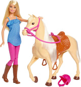 Barbiedocka och hästleksak, ridtillbehör, innehåller 1 docka och 1 häst, lämplig som present till barn från 3 år och uppåt, FXH13