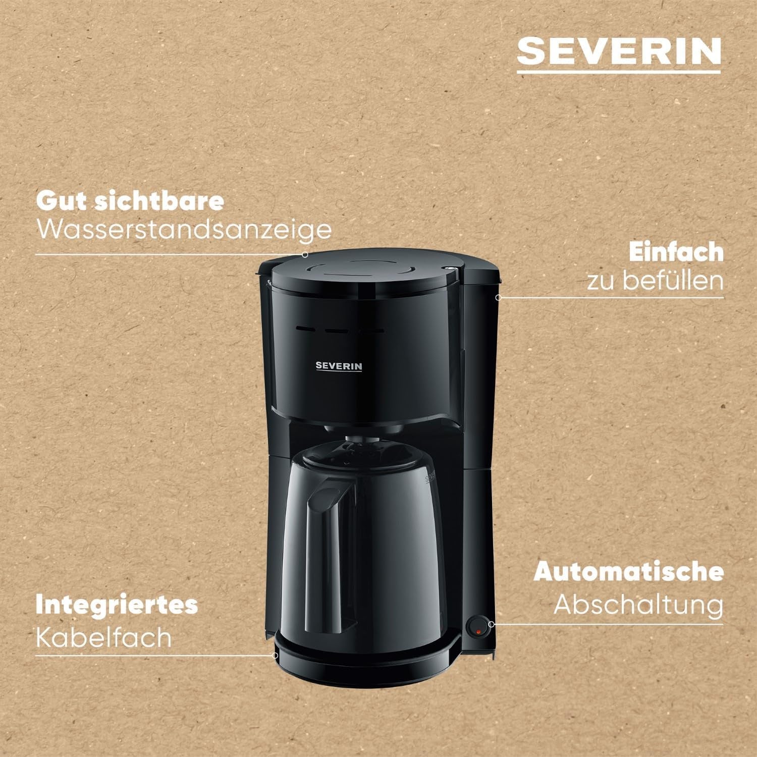 SEVERIN Filter kaffebryggare med termokanna, upp till 8 koppar kaffebryggare, attraktiv filterbryggare med isolerad karaff, svart, 1 liter, KA 9306